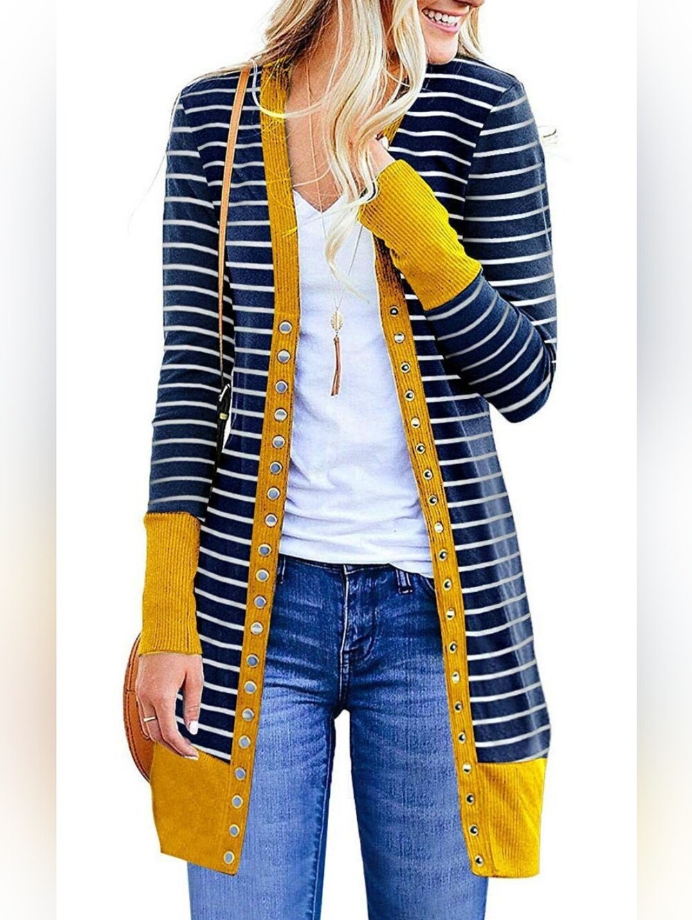 Striped Navy and Mustard Open Cardigan Sweater Long